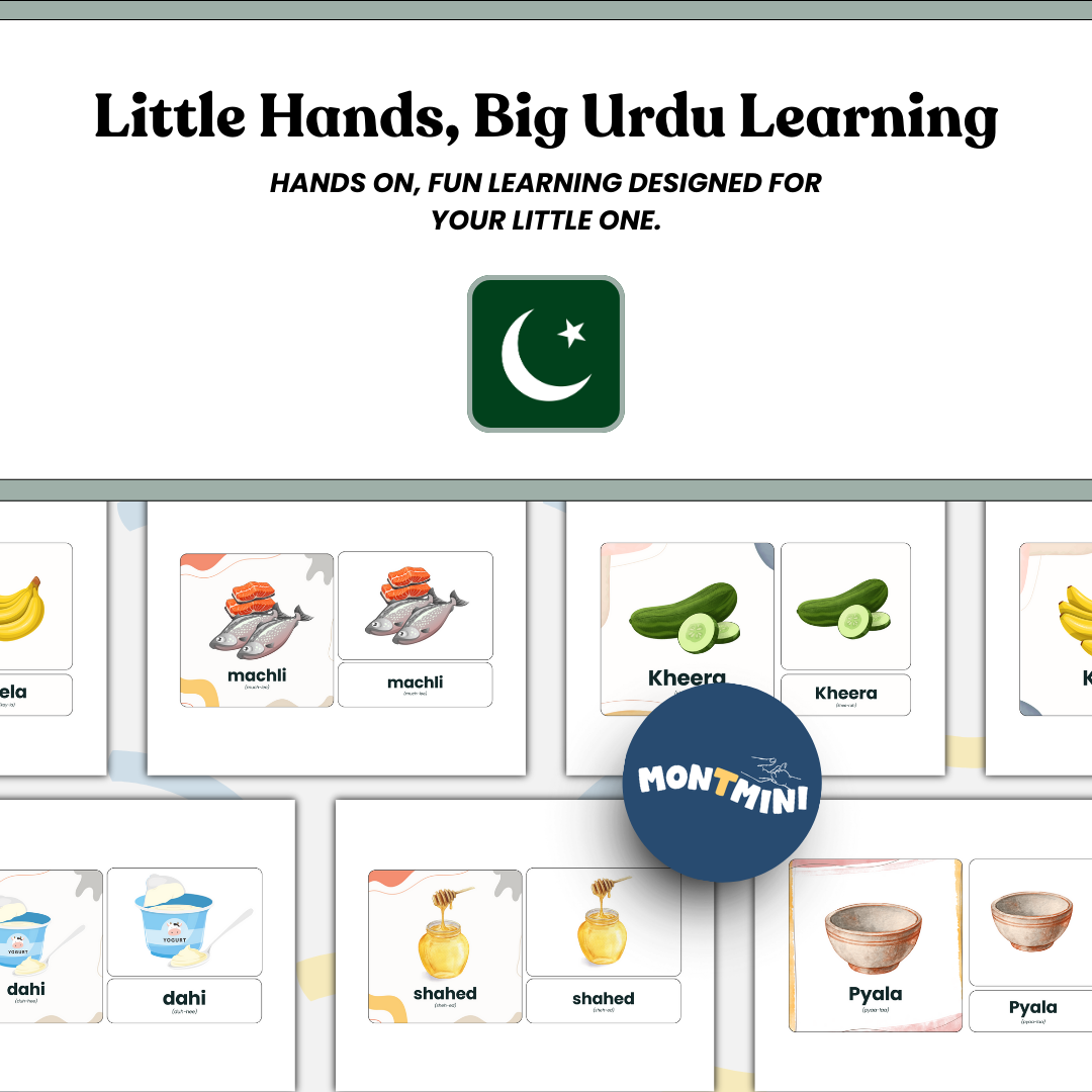 Food + Kitchen Bundle: 3 Part Montessori Urdu Language Flashcards