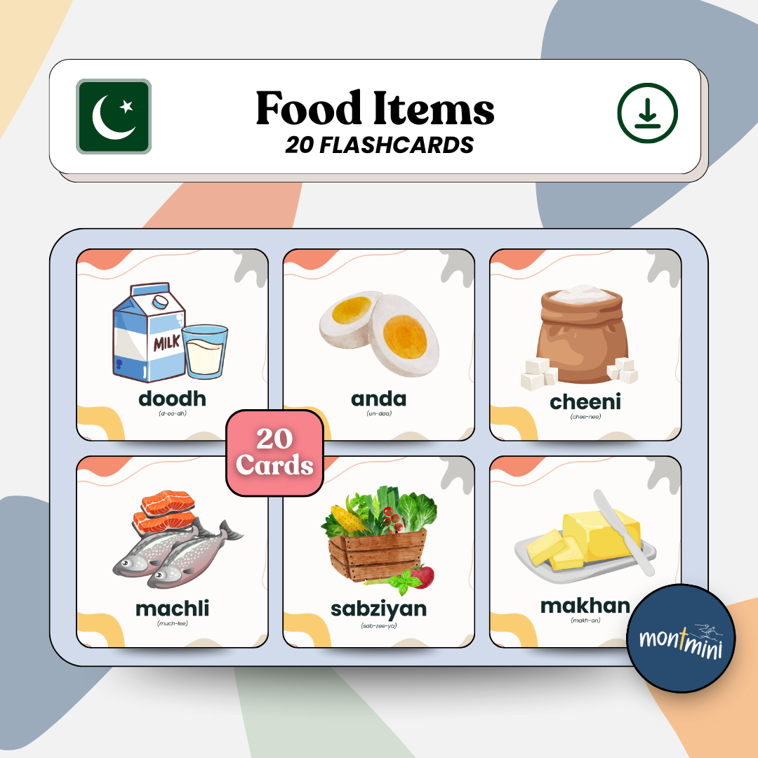 Food Items: 3 Part Montessori Urdu Language Flashcards