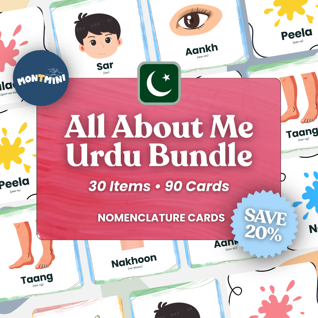 All About Me Bundle: 3 Part Montessori Urdu Language Flashcards