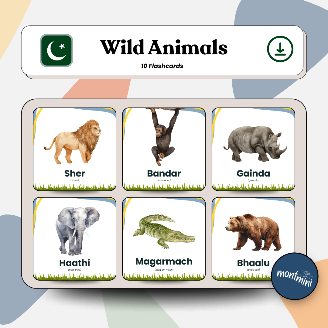 Wild Animals: 3 Part Montessori Urdu Language Flashcards