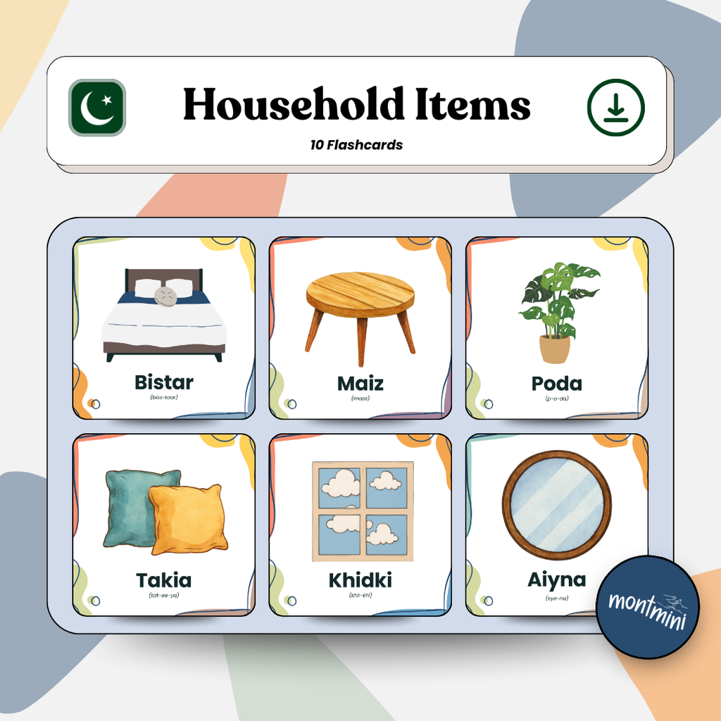 Household Items: 3 Part Montessori Urdu Language Flashcards