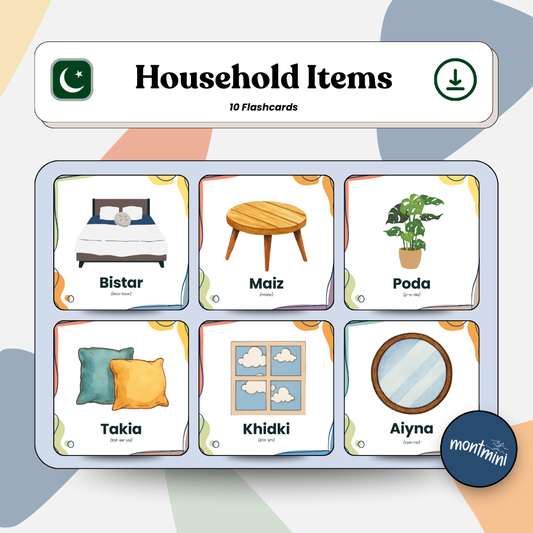 Household Items: 3 Part Montessori Urdu Language Flashcards