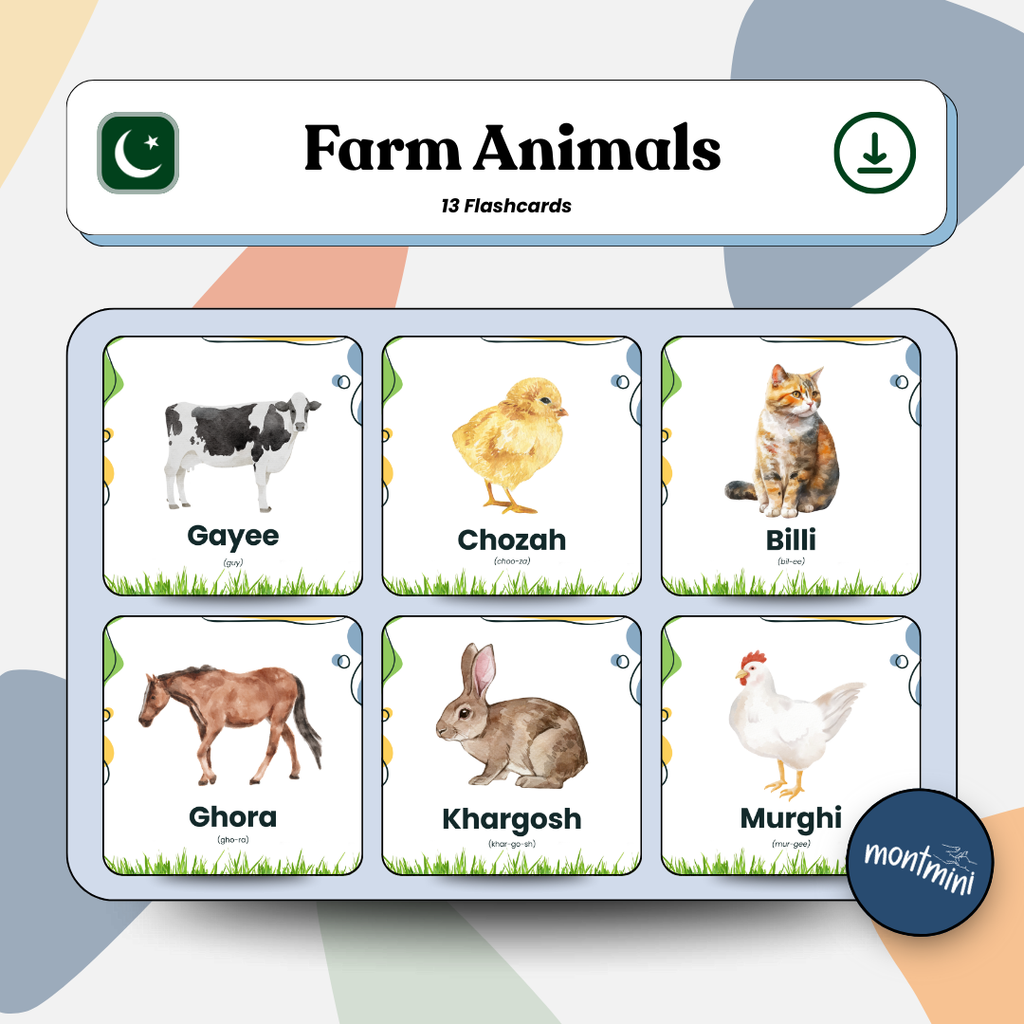 Farm Animal: 3 Part Montessori Urdu Language Flashcards