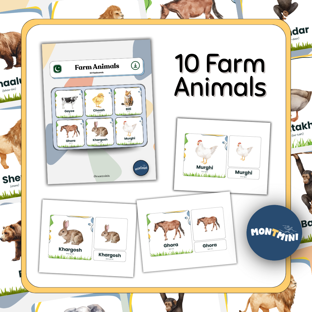 Animals Bundle: 3 Part Montessori Urdu Language Flashcards