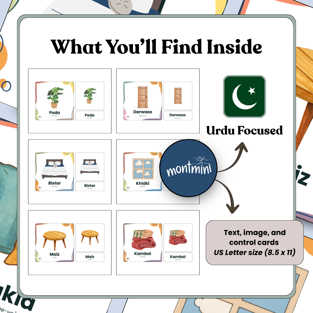 Household Items: 3 Part Montessori Urdu Language Flashcards