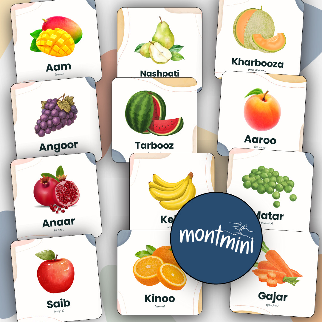 Fruits and Vegetables: 3 Part Montessori Urdu Language Flashcards