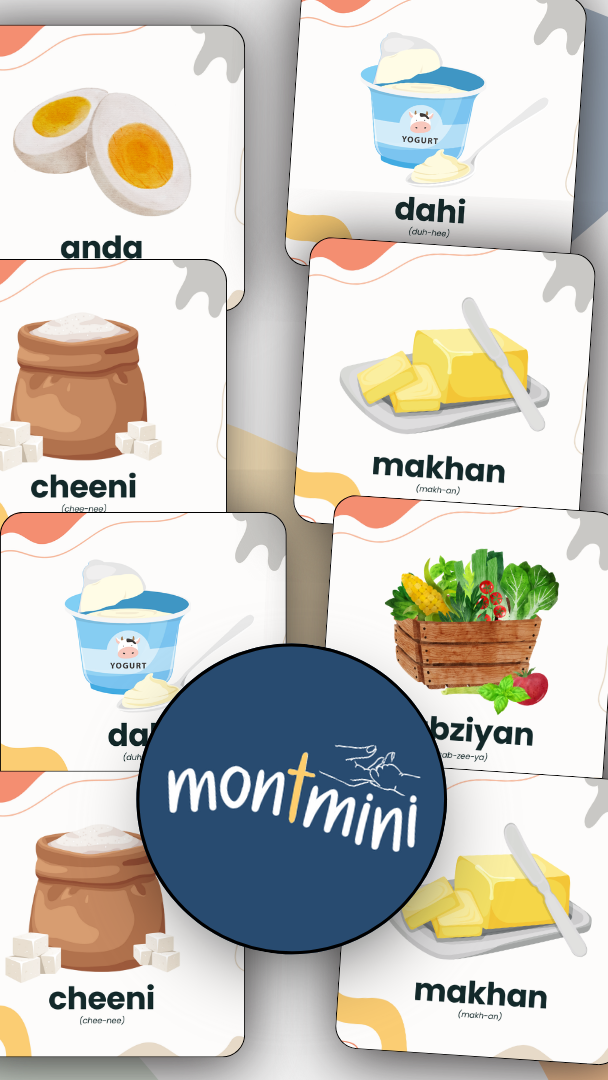Food Items: 3 Part Montessori Urdu Language Flashcards