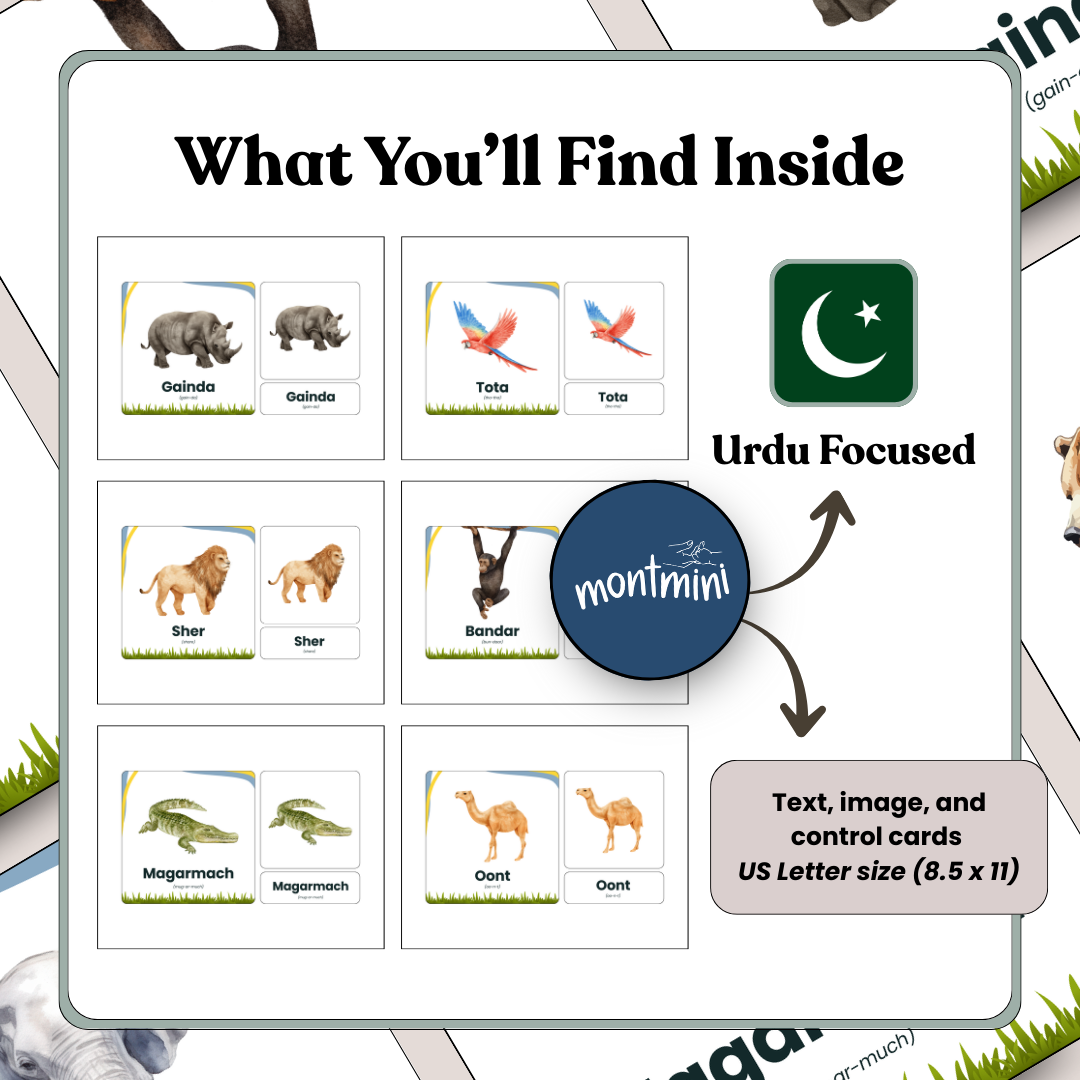 Wild Animals: 3 Part Montessori Urdu Language Flashcards
