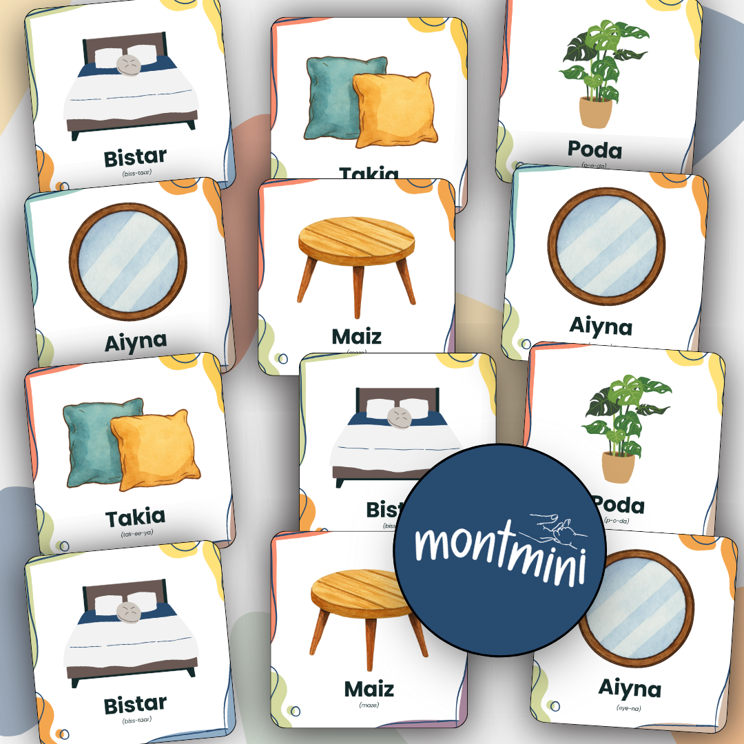 Household Items: 3 Part Montessori Urdu Language Flashcards