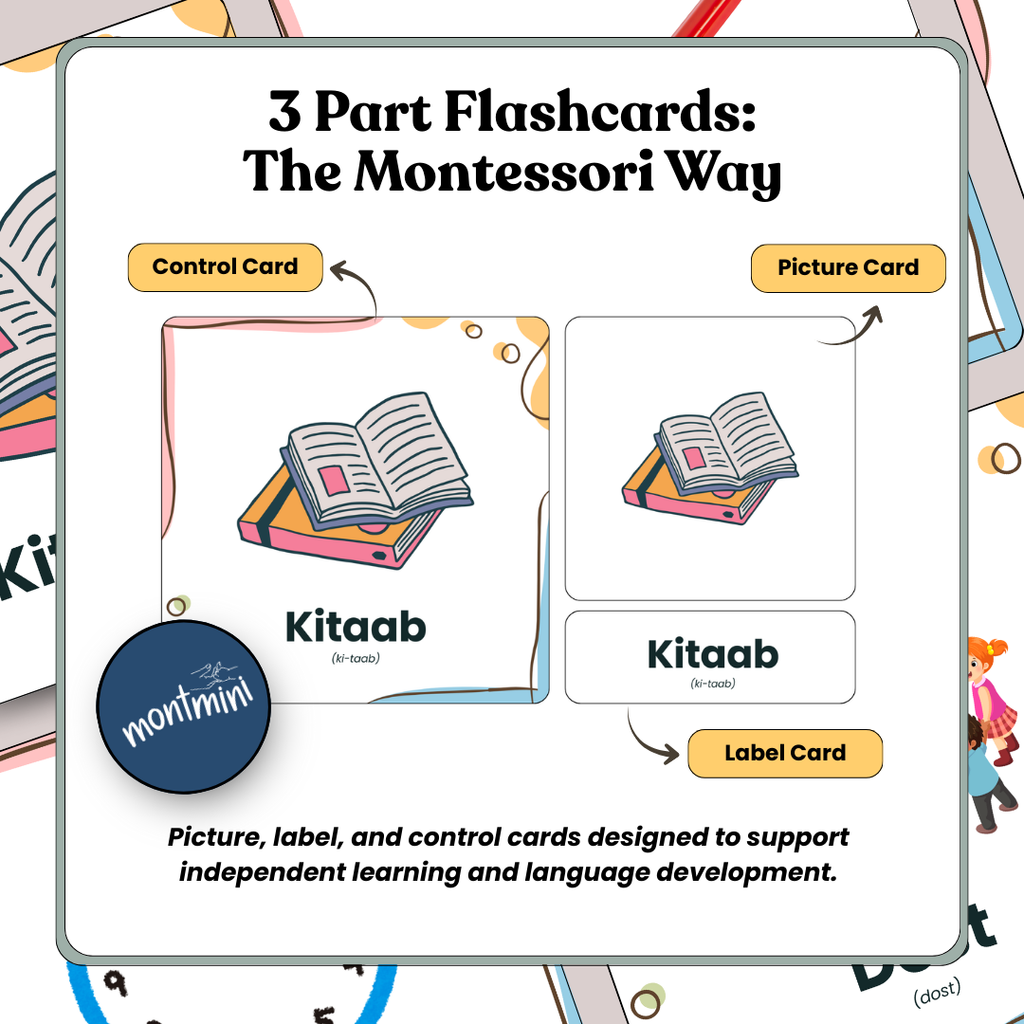 School Items: 3 Part Montessori Urdu Language Flashcards