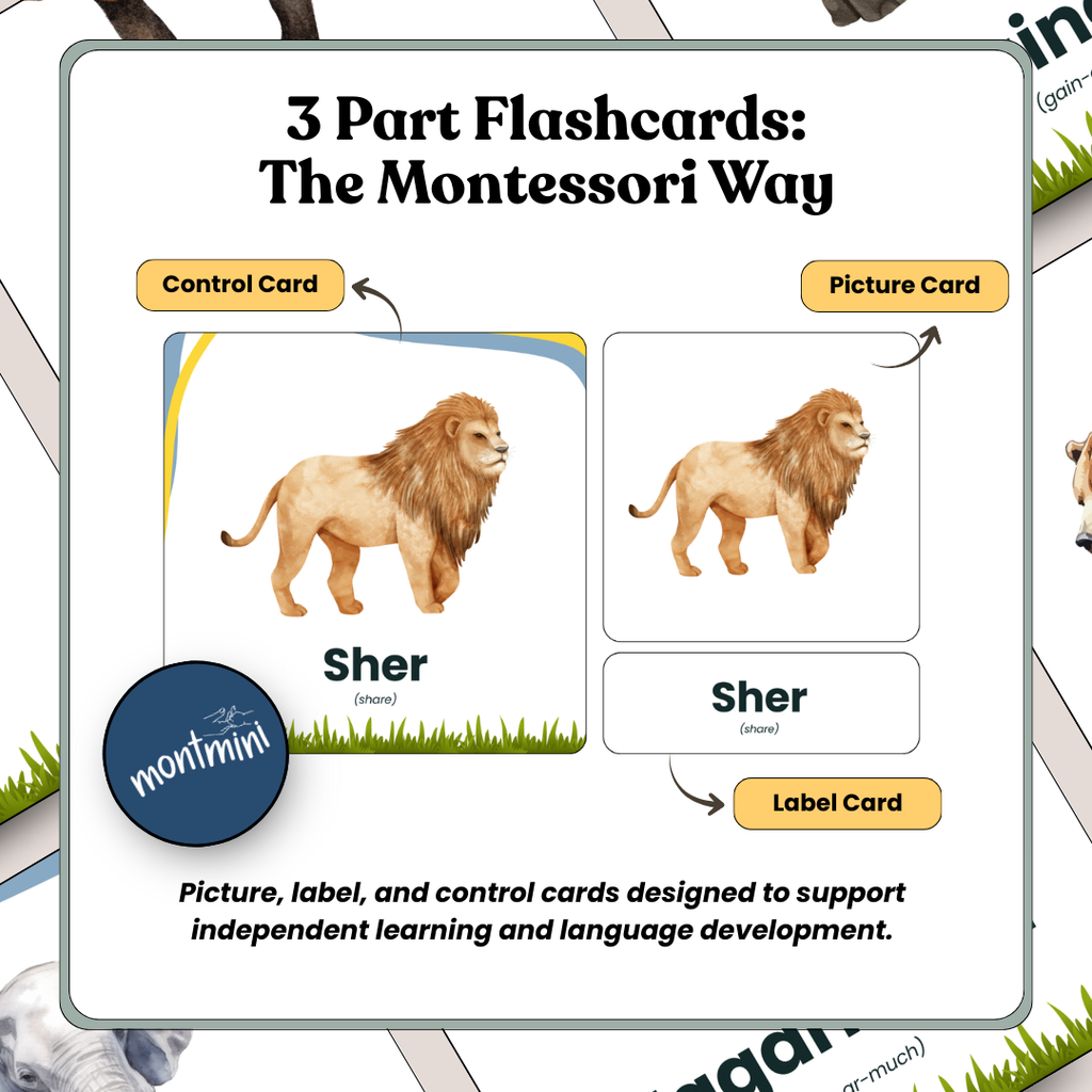 Wild Animals: 3 Part Montessori Urdu Language Flashcards