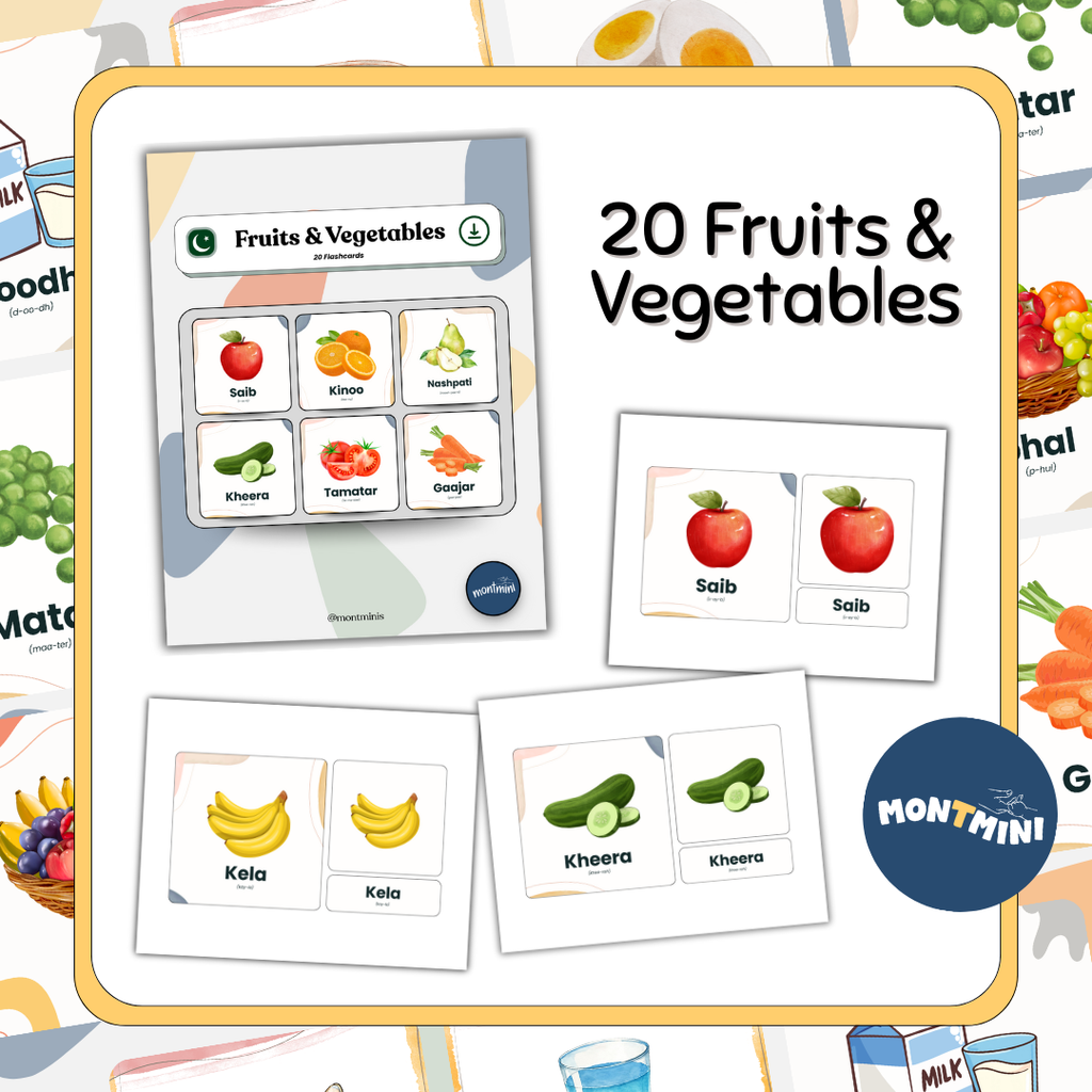 Food + Kitchen Bundle: 3 Part Montessori Urdu Language Flashcards
