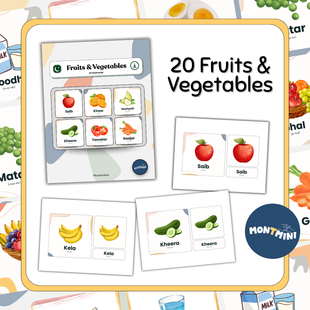 Food + Kitchen Bundle: 3 Part Montessori Urdu Language Flashcards