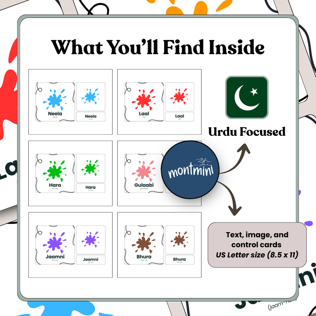 Colours: 3 Part Montessori Urdu Language Flashcards