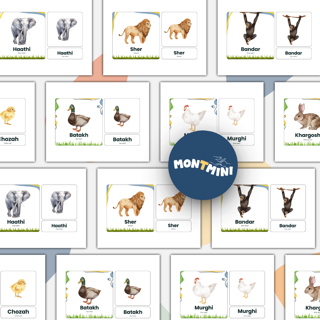 Animals Bundle: 3 Part Montessori Urdu Language Flashcards