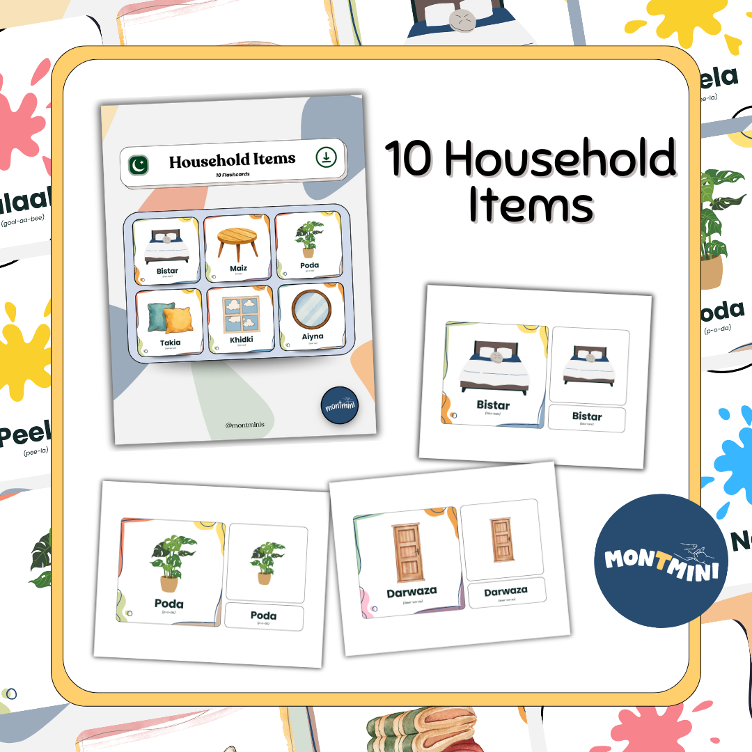 Around the Home Bundle: 3 Part Montessori Urdu Language Flashcards