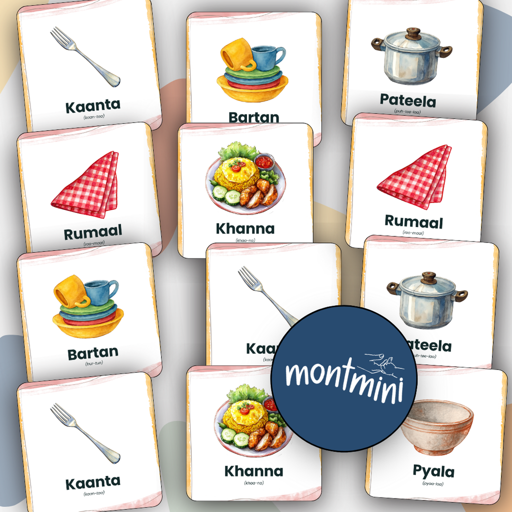 Kitchen Items: 3 Part Montessori Urdu Language Flashcards