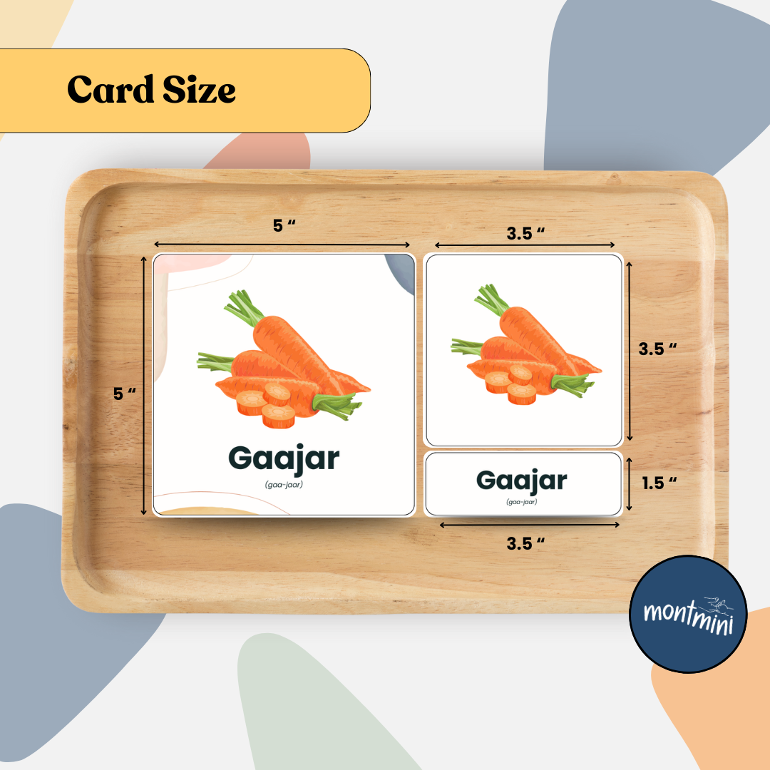 Fruits and Vegetables: 3 Part Montessori Urdu Language Flashcards