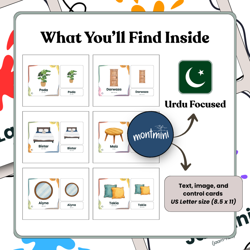 Household Items: 3 Part Montessori Urdu Language Flashcards