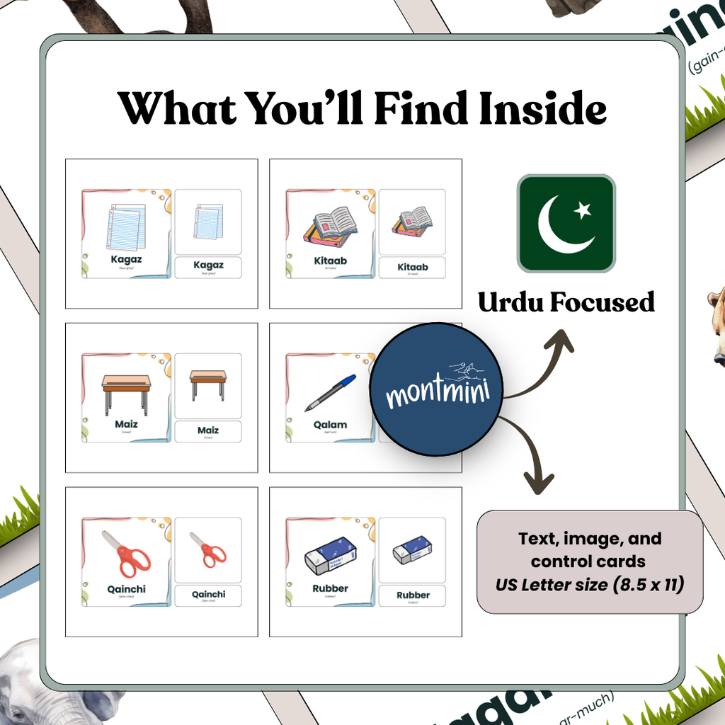School Items: 3 Part Montessori Urdu Language Flashcards