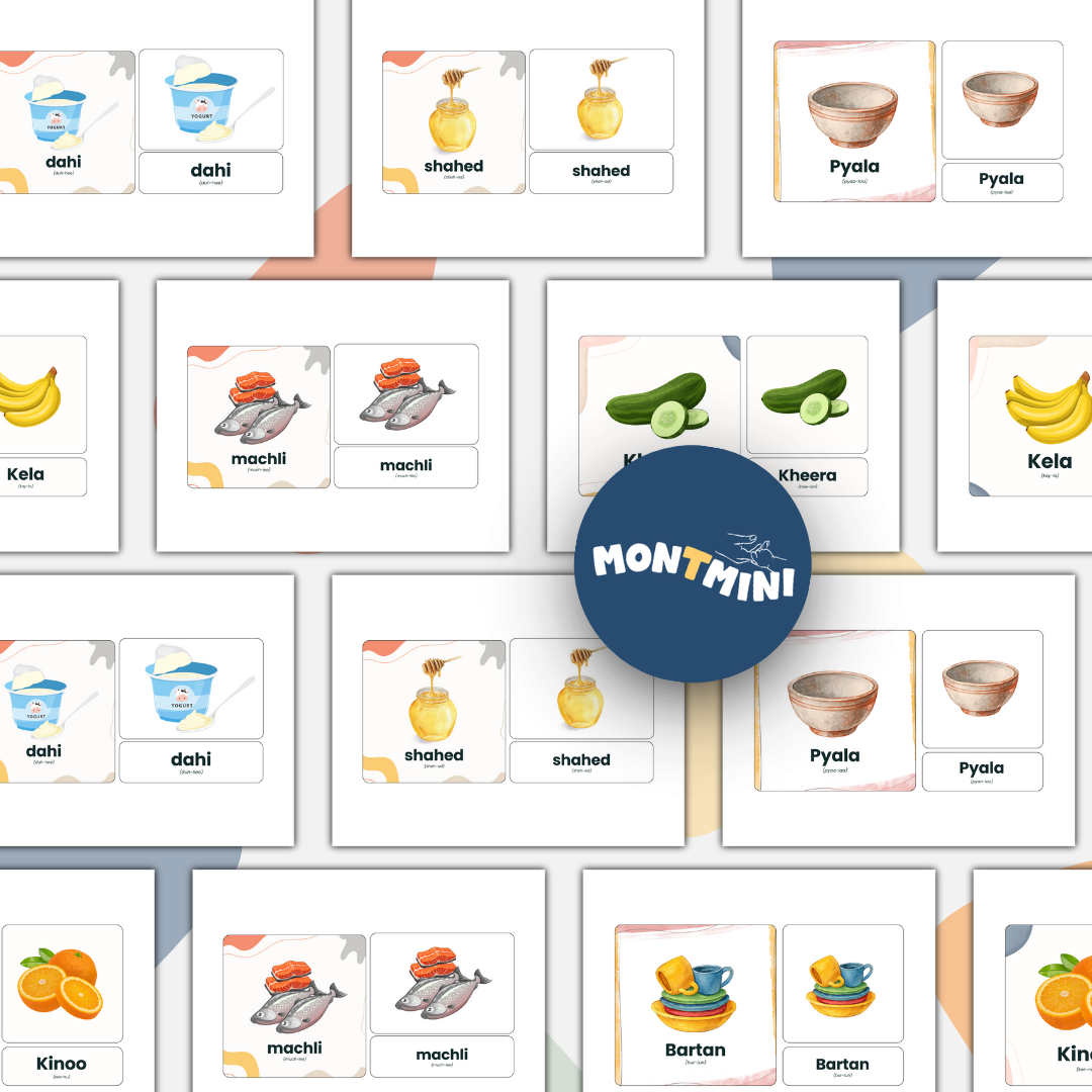 Food + Kitchen Bundle: 3 Part Montessori Urdu Language Flashcards