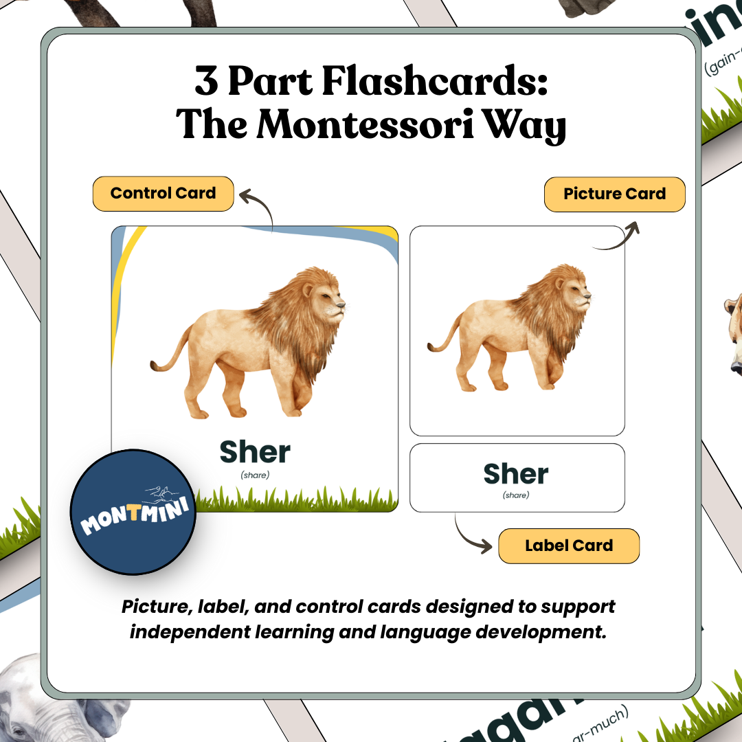 Animals Bundle: 3 Part Montessori Urdu Language Flashcards