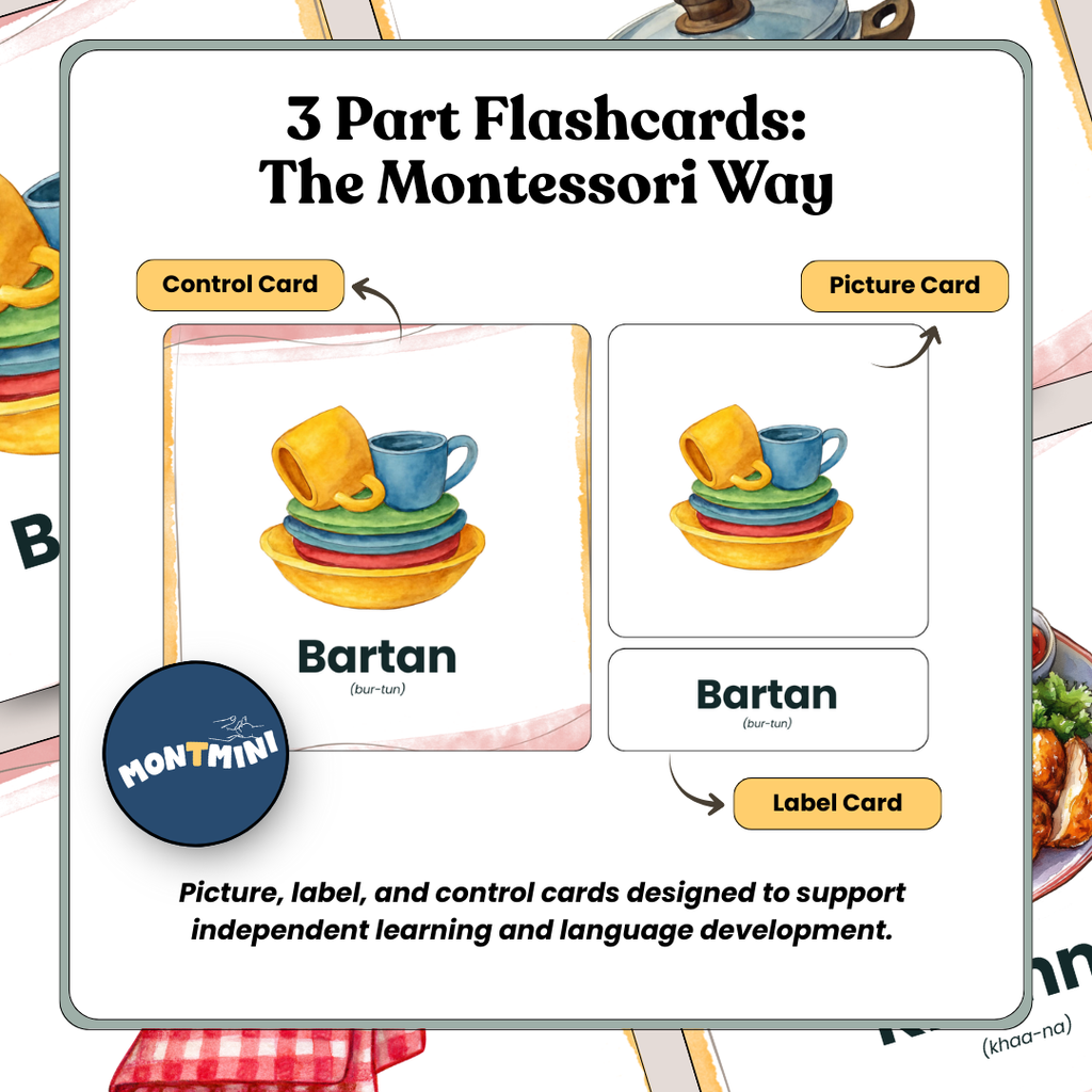 Food + Kitchen Bundle: 3 Part Montessori Urdu Language Flashcards