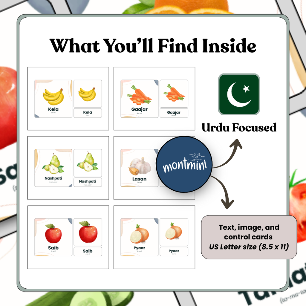 Fruits and Vegetables: 3 Part Montessori Urdu Language Flashcards