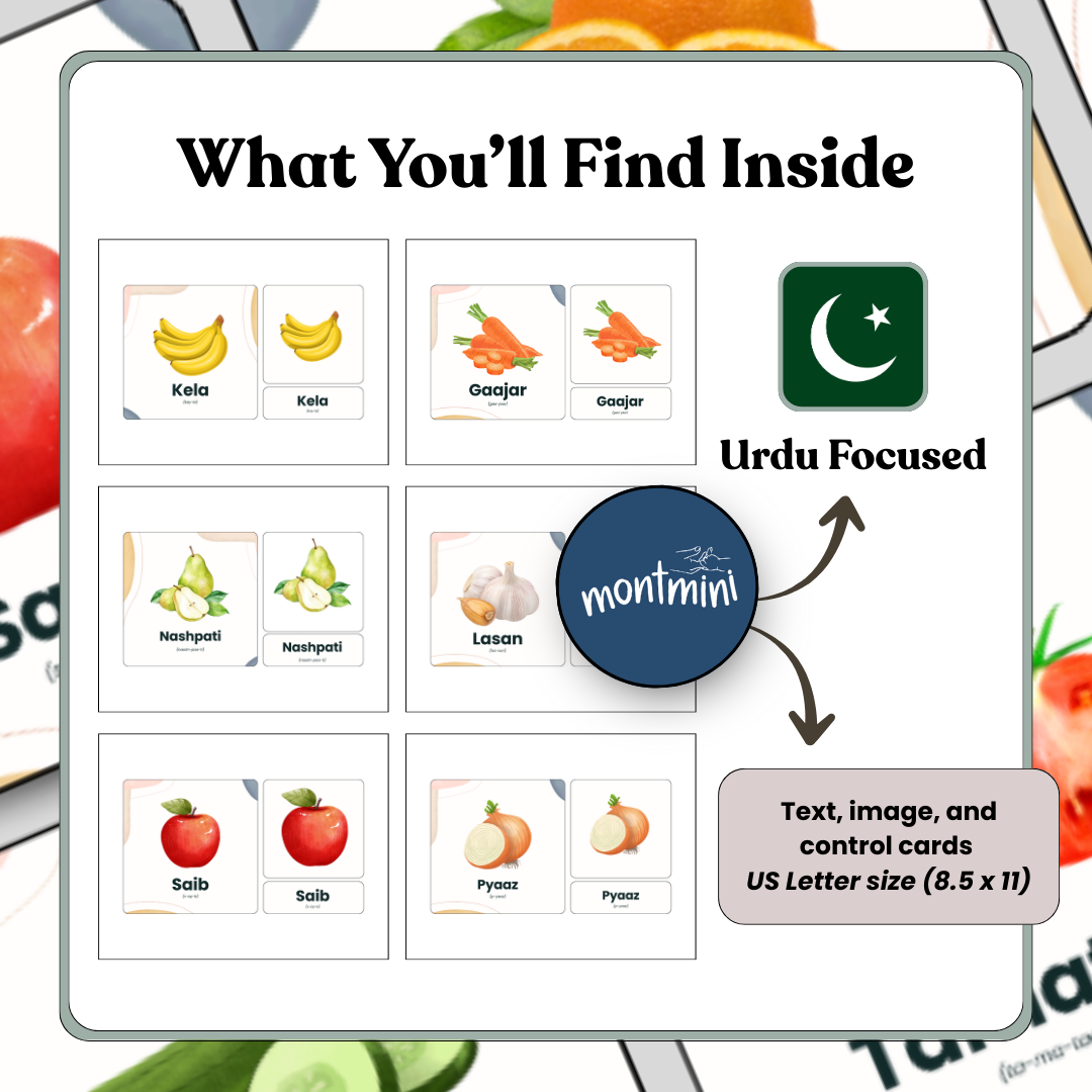 Fruits and Vegetables: 3 Part Montessori Urdu Language Flashcards